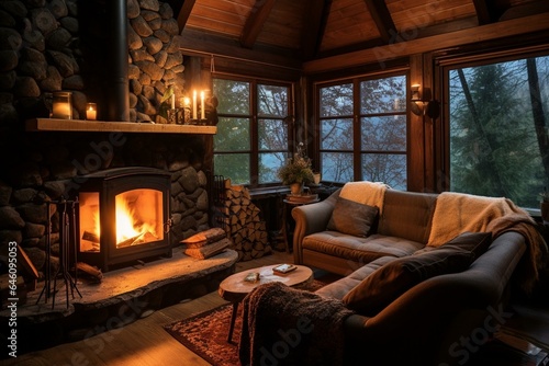Cozy wooden cabin with fireplace. Generative AI