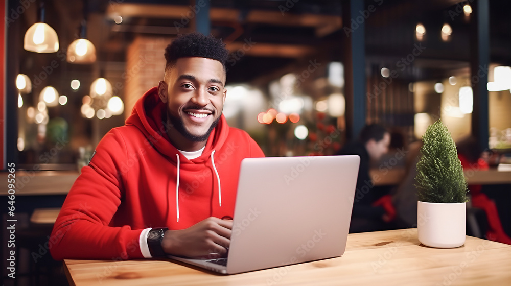 Fototapeta premium young arab man in a red hoodie, freelancer or student working on a laptop in a cafe at the table. Black IT professional working remotely using laptop while sitting in cafe