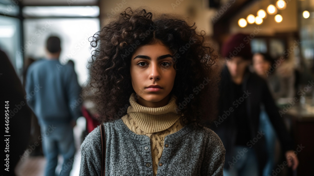 young adult woman, tanned skin tone or multiracial or South American or fictional, in a bar or restaurant, bad mood or jealousy or anger and upset