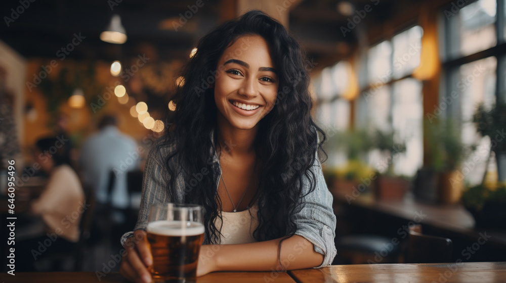 in her free time or after work, young adult woman, tanned skin tone, 20s, black long hair, attractive slim beauty, in a bar in the afternoon, with a glass of beer