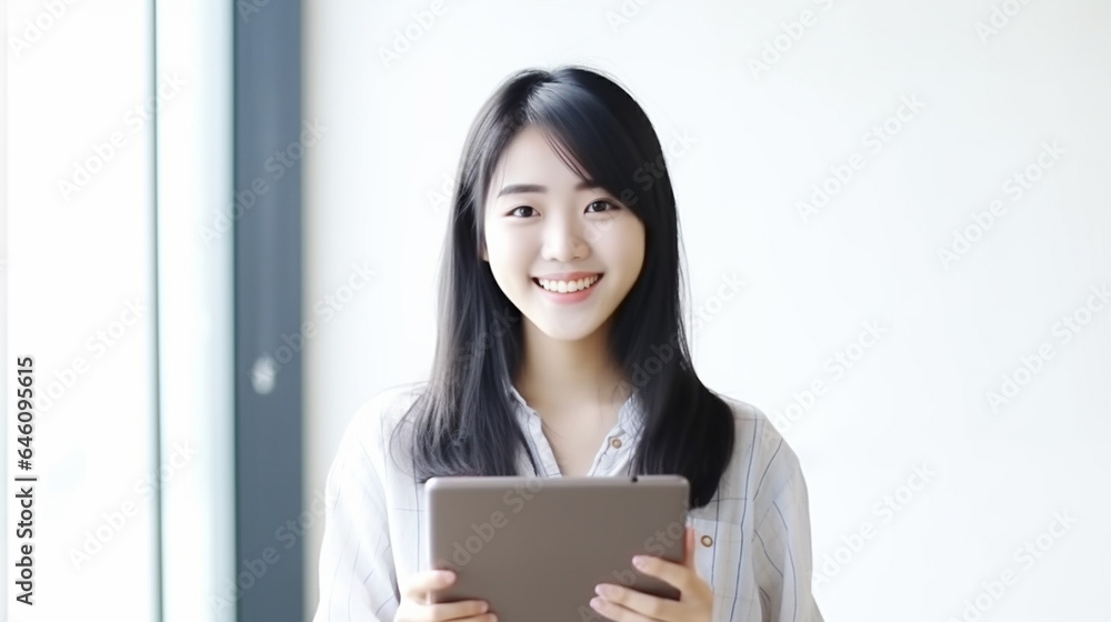 young adult woman, 20s 30s, holds a smartphone, mobile phone, big screen, hand holds phone, long dark brunette hair, smiling, happy young adult woman, 20s 30s, holds a smartphone, mobile phone, big screen, hand holds phone, long dark brunette hair, smiling, happy