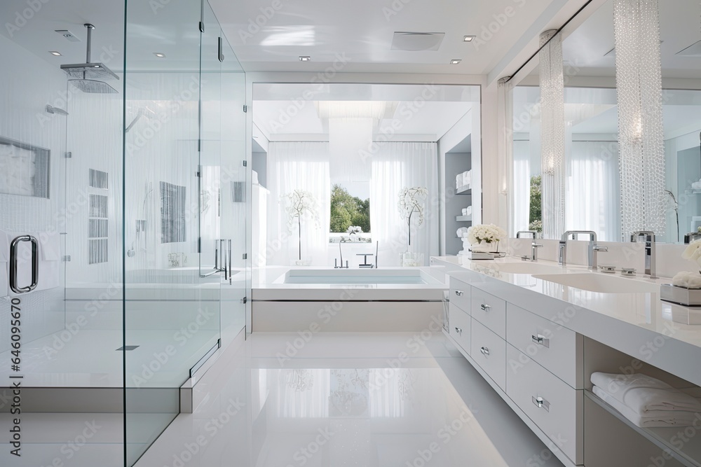 A spacious bathroom with a modern glass shower door created with Generative AI technology - obrazy, fototapety, plakaty 