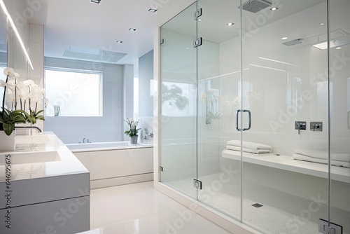 A modern white bathroom with a sleek glass shower door created with Generative AI technology