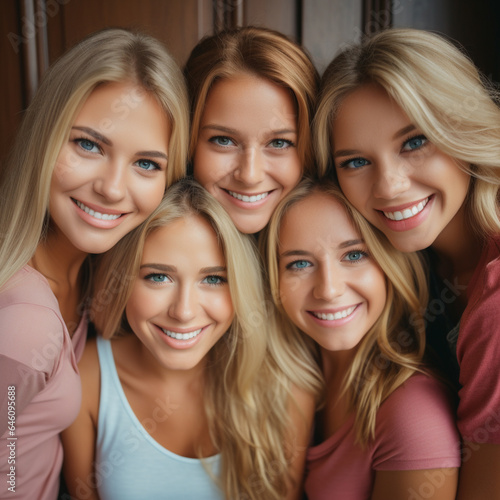 best friends, young adult women or teenage girls, five 5 girlfriends take a group photo, blondes and brunettes-redheads, youth and youthful appearance