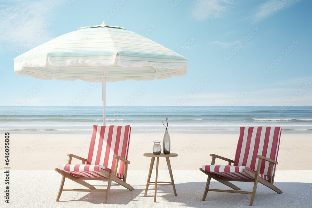 Deckchairs and parasol on bright beach, made using modern methods. Generative AI