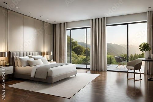 A luxurious bedroom with a king-sized bed  plush linens  and a view of a serene garden through large glass doors.