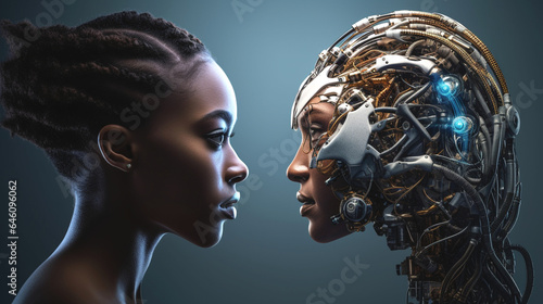 Man and machine face each other, cables and metallic components, shocking findings or identity and avatar, brain and superiority, transhumanism or robot