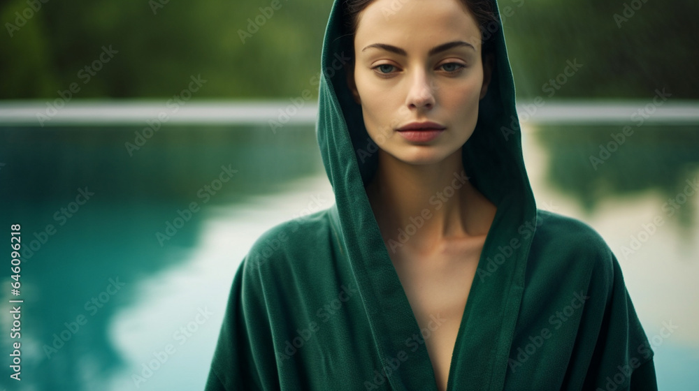 standing, wellness and spa, reflections in the water, adult woman, wearing green bathrobe, at the swimming pool, luxurious standing, wellness and spa, reflections in the water, adult woman, wearing green bathrobe, at the swimming pool, luxurious