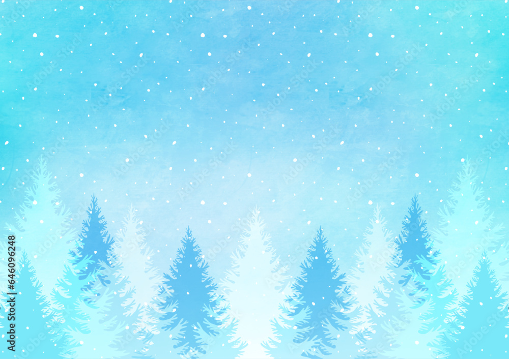 雪のふる静かな森の風景 幻想的な冬の自然の水彩背景イラスト