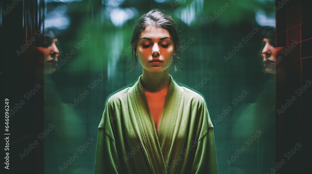 Glass window or glass door, woman with eyes closed, standing in hallway, wellness and spa, reflections