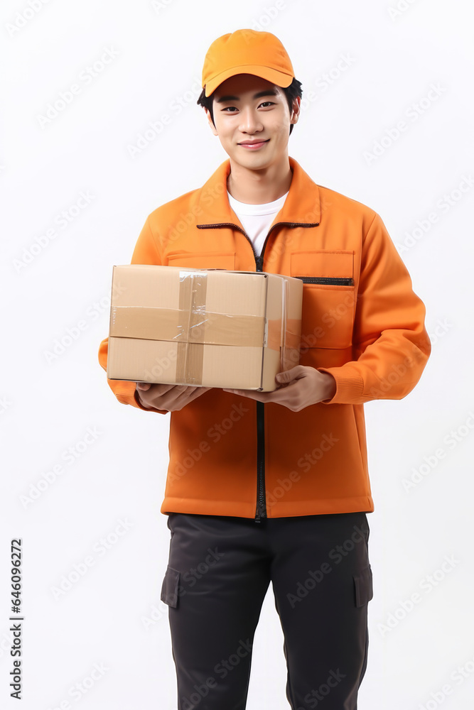 Cute asian man employee of the Parcel delivery company in orange uniform, friendly, with a parcel in her hands.generative ai Cute asian man employee of the Parcel delivery company in orange uniform, friendly, with a parcel in her hands.generative ai