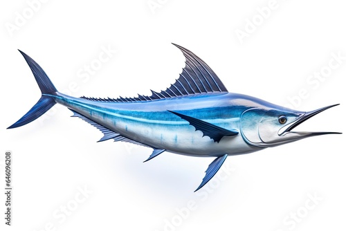 A vibrant blue sword fish against a clean white backdrop created with Generative AI technology © Karlaage