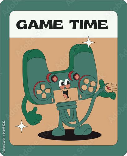 Groovy character in the form of video games. Gadgets for video games. Old games machine. Gamepads, vintage assets in retro style, latest vector images, set isolated