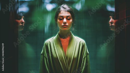 Glass window or glass door, woman with eyes closed, standing in hallway, wellness and spa, reflections