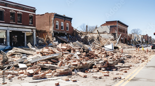 Rubble and rubble, stones from brick houses on the street, after earthquake or demolition or war, destroyed buildings, destruction of shops in a street