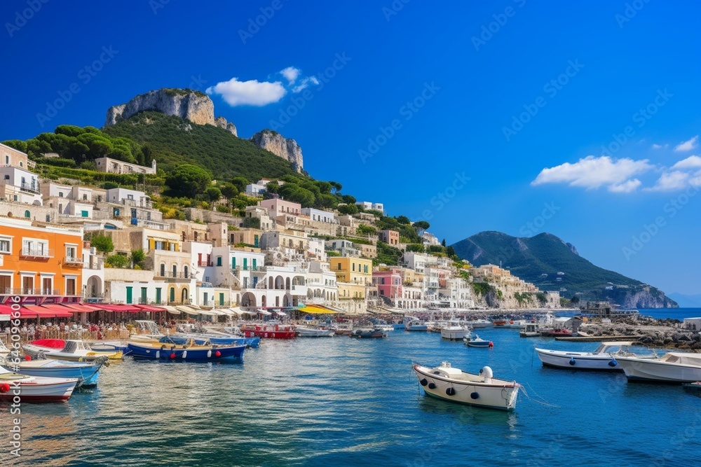 A scenic town on Capri Island in Naples Bay, Italy. Clear sky. Generative AI