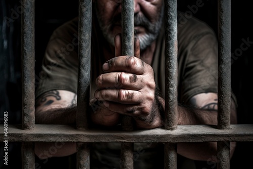 Vászonkép A man confined in a jail cell, gripping the bars tightly created with Generative