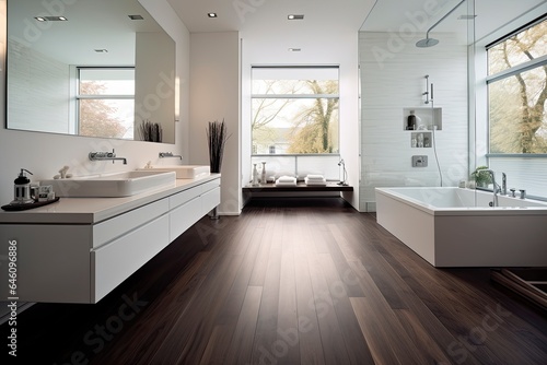 A spacious bathroom with a luxurious bathtub and sleek sink design created with Generative AI technology © Karlaage