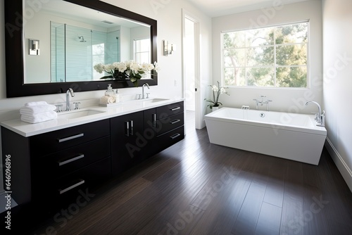 Wallpaper Mural A modern bathroom with a bathtub, sink, and mirror created with Generative AI technology Torontodigital.ca