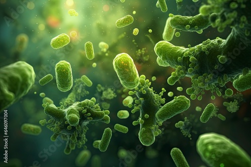 Floating green bacteria in water created with Generative AI technology