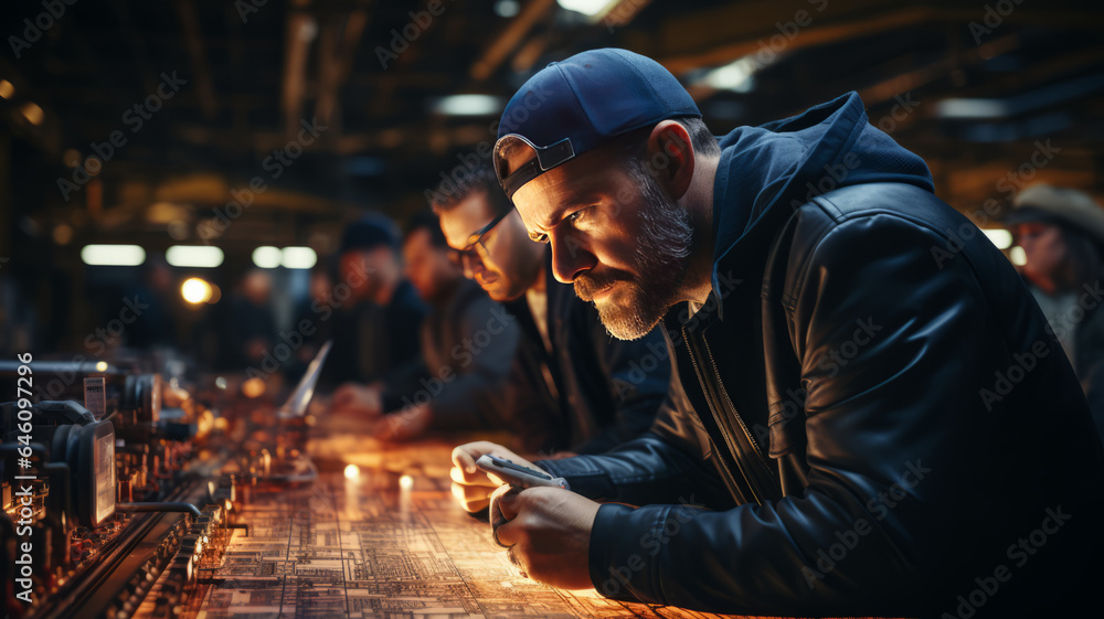 Industrial Engineers Look at Project Blueprints While Standing Surround By Pipeline Parts in the Middle of Enormous Heavy Industry.generative ai Industrial Engineers Look at Project Blueprints While Standing Surround By Pipeline Parts in the Middle of Enormous Heavy Industry.generative ai