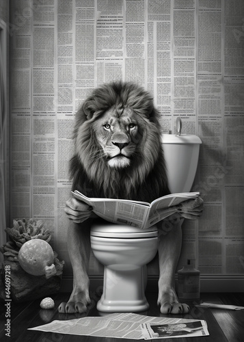 Lion sit on the toilet in a robe, reading a newspaper, leo sitting on the potty, restroom humor, black and white photo