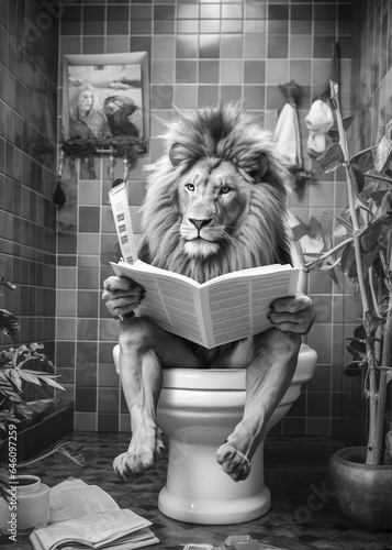 Lion sit on the toilet in a robe, reading a newspaper, leo sitting on the potty, restroom humor, black and white