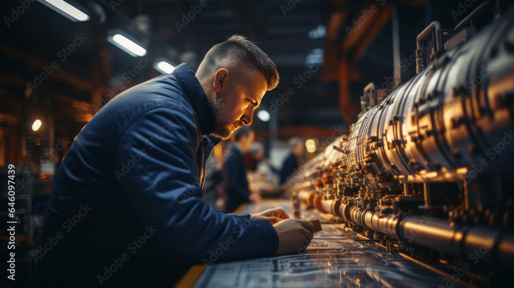 Industrial Engineers Look at Project Blueprints While Standing Surround By Pipeline Parts in the Middle of Enormous Heavy Industry.generative ai Industrial Engineers Look at Project Blueprints While Standing Surround By Pipeline Parts in the Middle of Enormous Heavy Industry.generative ai