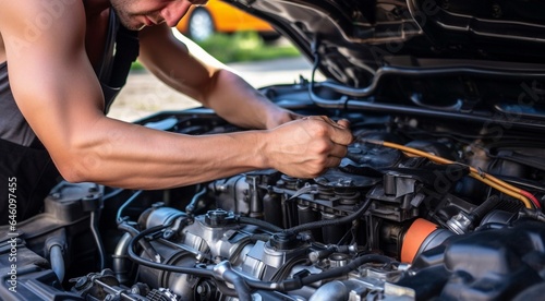 close-up of a auto mechanic repairing engine, close-up car engine, auto mechanic hands fixing car engine, mechanic fixing car