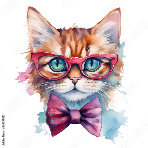 Watercolor cat portrait with bow illustration Generative AI, png image.