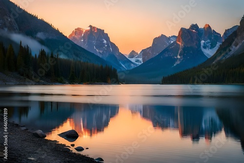 sunrise over the lake, A painting of a lake with mountains in the background.