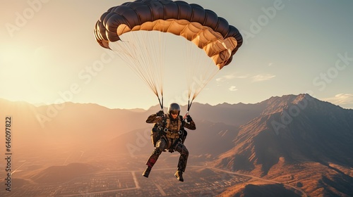 a parachutist in a parachute at sunset. Extreme sport, entertainment. Hobbies and recreation photo