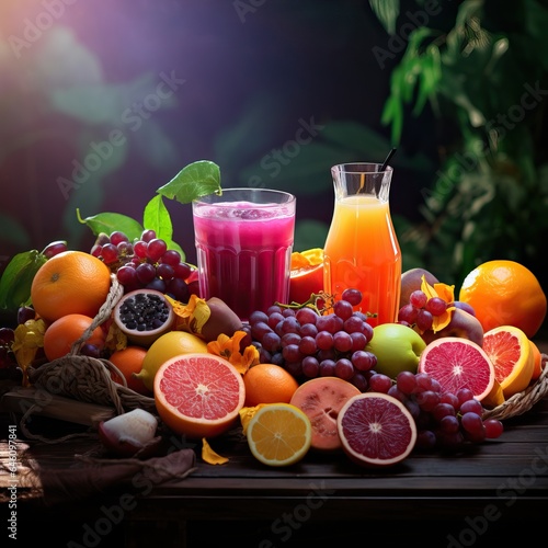 Fruit Juice  Colorful Shot. Bunch of Fruits over a Blurred Background.