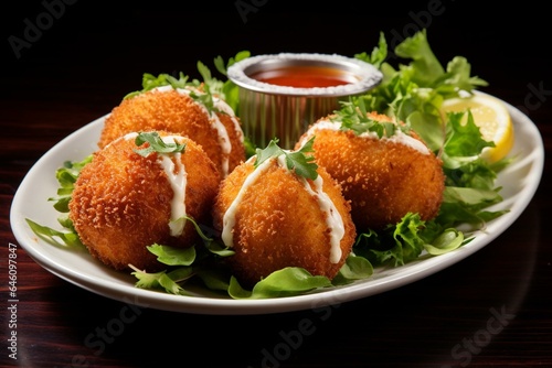 Delicious chicken and cheese croquettes, a delightful appetizer option. Generative AI