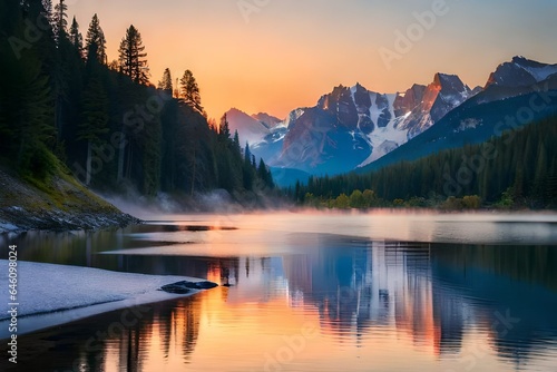 sunrise in the mountains, A painting of a lake with mountains in the background.