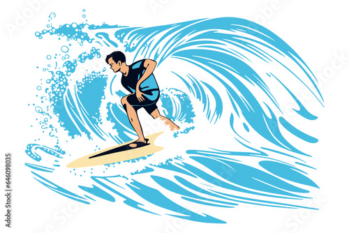 Surfing on a wave in the ocean. Surf rider on big waves. Surfer vector illustration design for t shirt print or club banner.