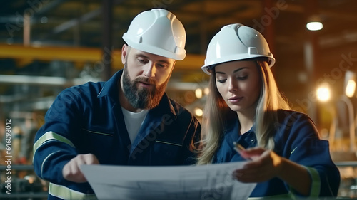 Male and Female Industrial Engineers Look at Project Blueprints While Standing Surround By Pipeline Parts in the Middle of Enormous Heavy Industry.generative ai