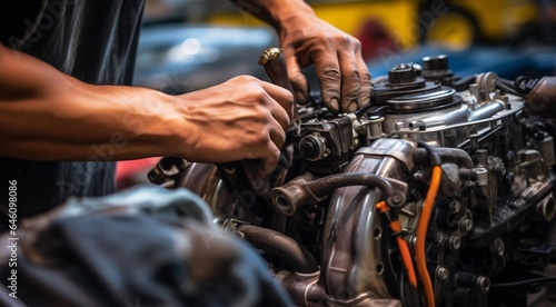 close-up of a auto mechanic repairing engine, close-up car engine, auto mechanic hands fixing car engine, mechanic fixing car