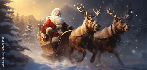 Festive Santa Claus on his Christmas sleigh, guided by reindeer, amidst snowflakes and fir trees