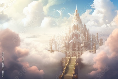Enigmatic cloud palace, ideal for fantasy adventure backdrop. Generative AI