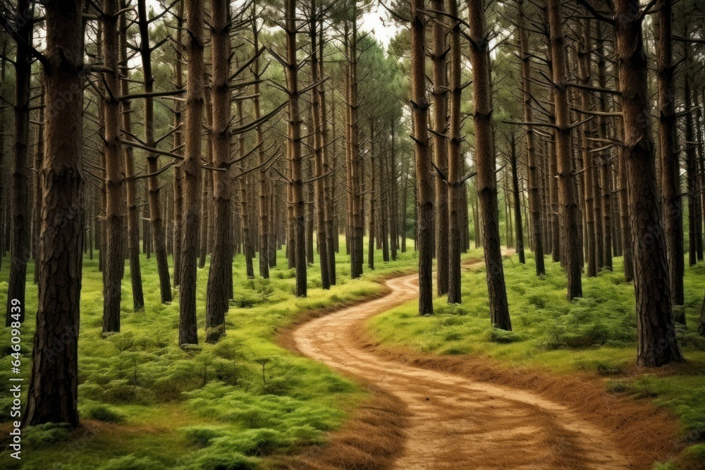 Tranquil pine woodland with winding trail, bathed in sunlight and fresh morning air. Tranquil pine woodland with winding trail, bathed in sunlight and fresh morning air.
