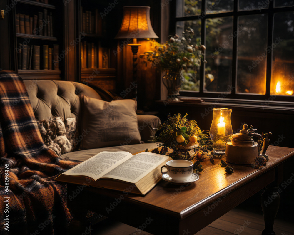 cozy autumn at home with coffee and book on the sofa with warm plaid and pillow