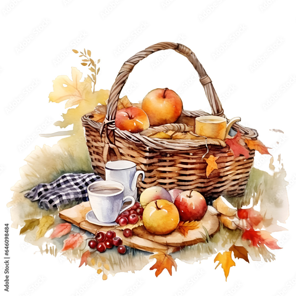 Watercolor autumn picnic illustration Generative AI, png image.