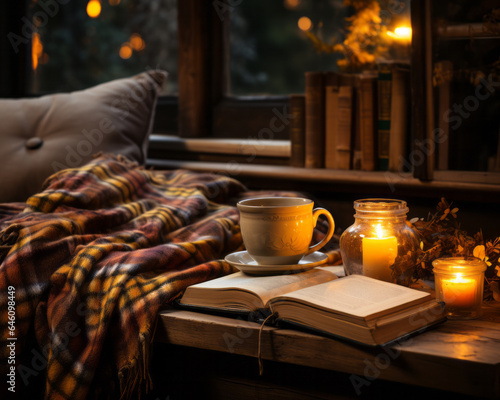 cozy autumn at home with coffee and book on the sofa with warm plaid