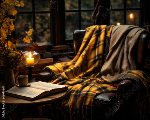 cozy autumn at home with coffee and book on the sofa with warm plaid