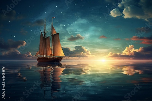 Stunning vintage vessel sailing serenely on calm daytime waters beneath a moonlit sky. Generative AI