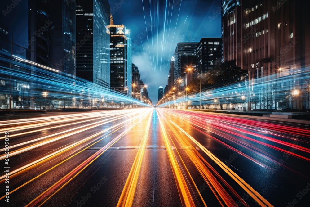 Obraz premium Abstract night cityscape background. Smart city, ai and digital transformation concept. Double exposure