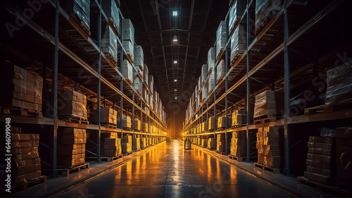 photograph of Automatic warehouse with high shelves. ,generative ai