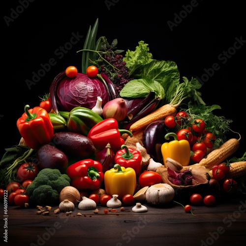 Professional Shot of a Bunch of Vegetables on a Wooden Surface over a Dark Background.