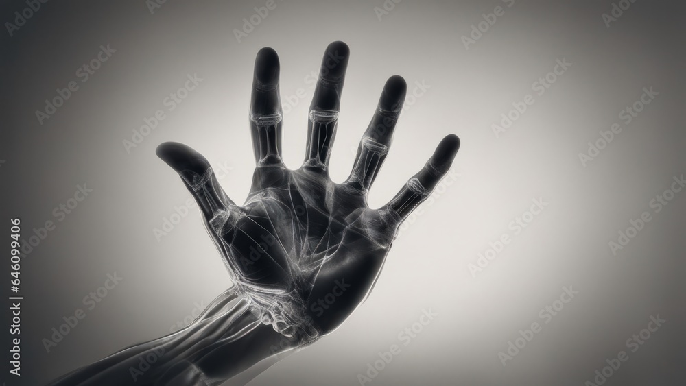 Abstract Anatomy of the palmar surface of the hand and its contents, x-ray, and palmar line drawing Abstract Anatomy of the palmar surface of the hand and its contents, x-ray, and palmar line drawing